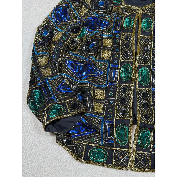 Scala Women 2X Black Gold Sequin Silk Beaded Long Sleeve Hook Eye Evening Jacket - Picture 10 of 12